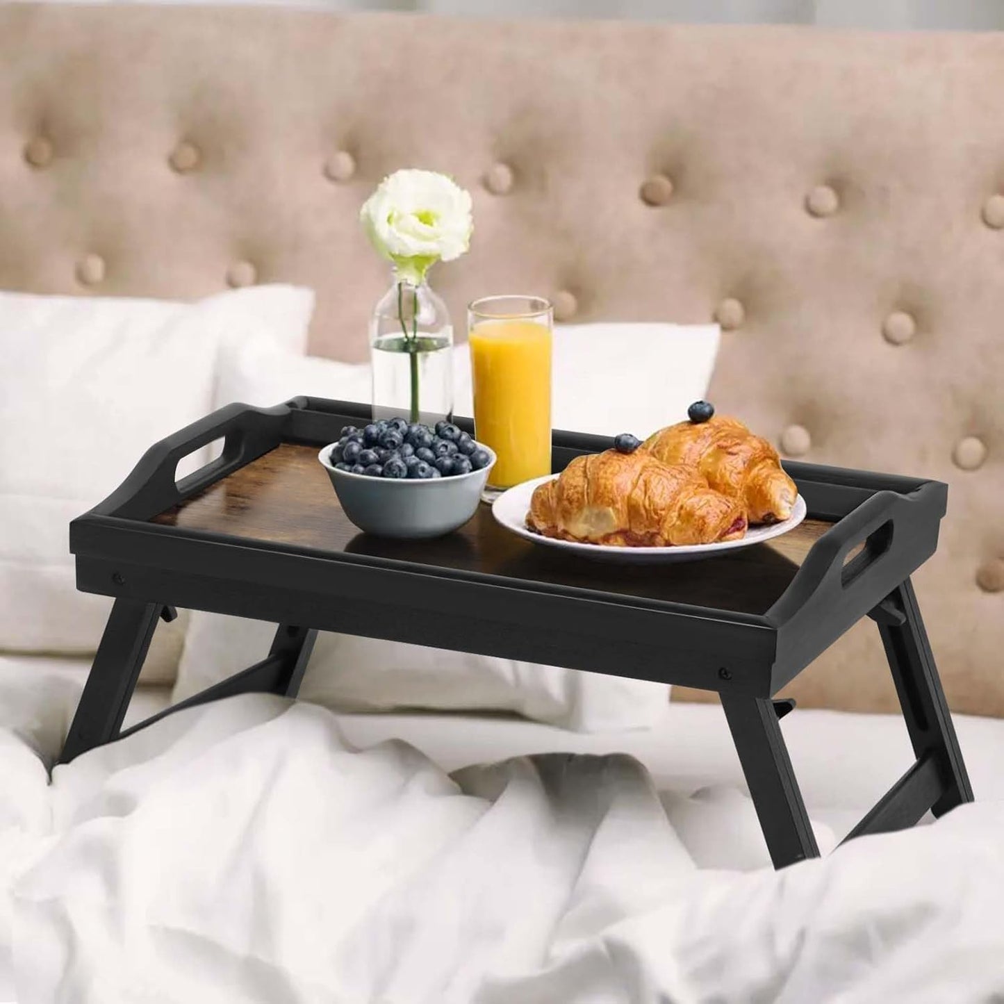 Bed Tray Table Breakfast Trays Serving Tray Bamboo Bed Laptap Floding Legs with Handles and Phone Holders