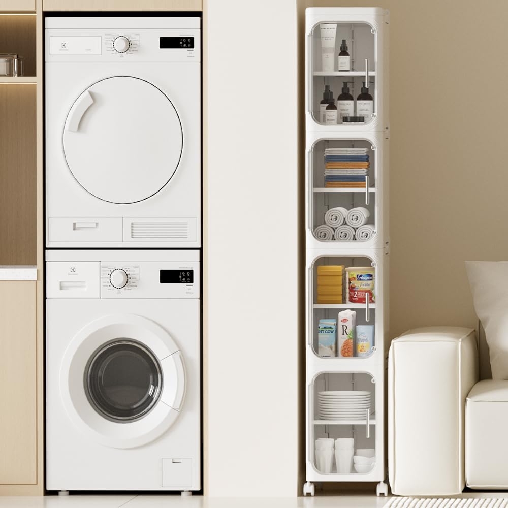 HIYOHIYO 4-Tier Tall Narrow Bathroom Storage Cabinet with Movable and Locking Wheel Design, Slim Storage Cabinet with Adjustable Shelves for Small Space and Kitchen Narrow Spaces, White (Width 8.5")
