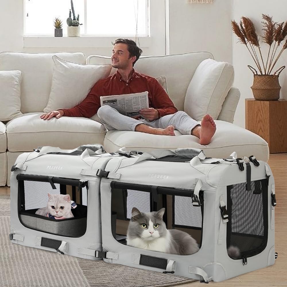 Extra Large Cat Carrier Soft Sided, Portable Small Dog Carrier for 2 Cats, 24"x16.5"x16" Car Travel Folding Comfortable Design with Litter Box and Bowls, Grey-2+ Litter Box+ Bowl*2