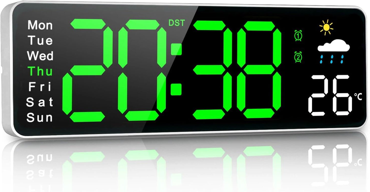 Digital Wall Clock, 12" Digital Clock with Temperature, Humidity, Weatherforecast, Day of The Week, Timer, Auto-dimming, for Living Room/Classroom/Gym/Church/Shop/Garage,Green