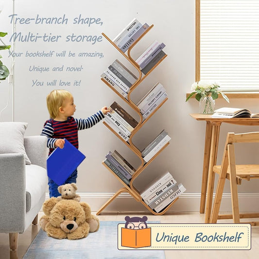Modern 8-Tier Bamboo Bookshelf, Space-Saving Curved Wood Bookcase, Stylish Book Storage Organizer for Living Room, Bedroom, Home Decor - 7 Layers Design