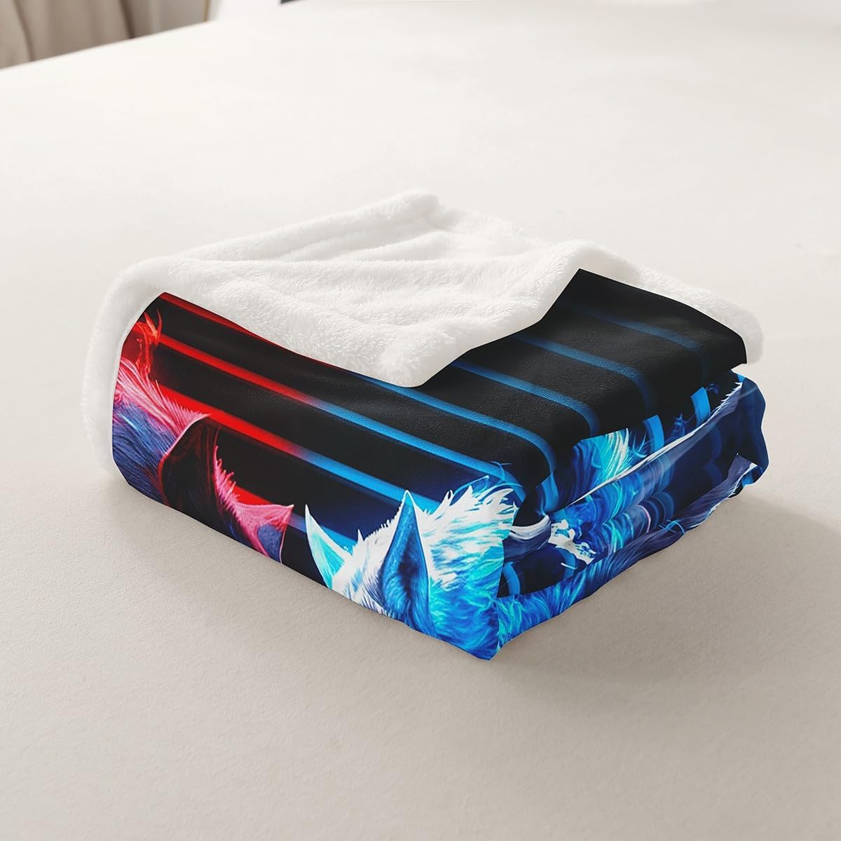 Feelyou Wolf Fleece Throw Blanket Adult Red Blue Wolf Blanket for Kids Boys Mighty Animal Plush Blanket Red Blue Stirpe Fuzzy Blanket for Sofa Bed Couch,Twin 60x80 Inches