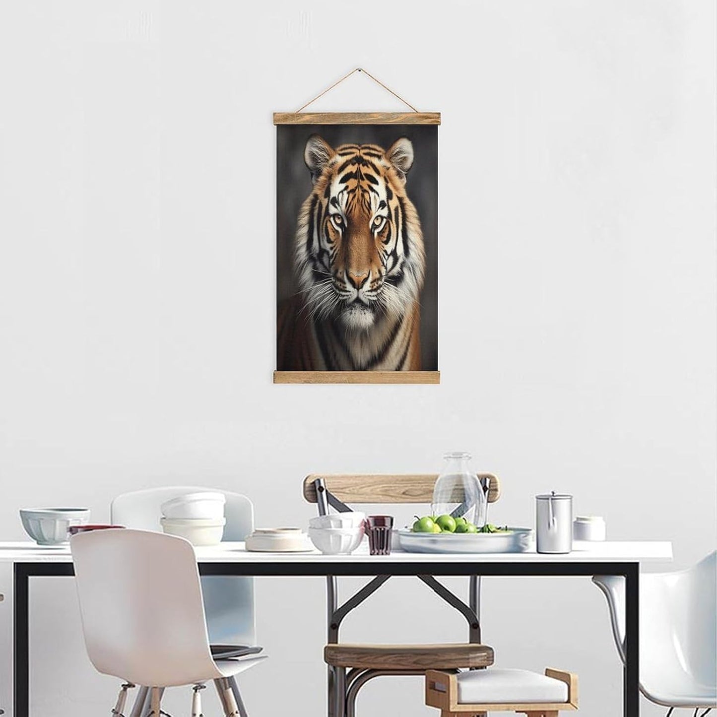 Vintage Tiger Poster with Wooden Frame Personalized Linen Hanging Scroll Painting Rustic Wall Hanging Illustrative Modern Artwork Decor for Home Living Room Bedroom Office