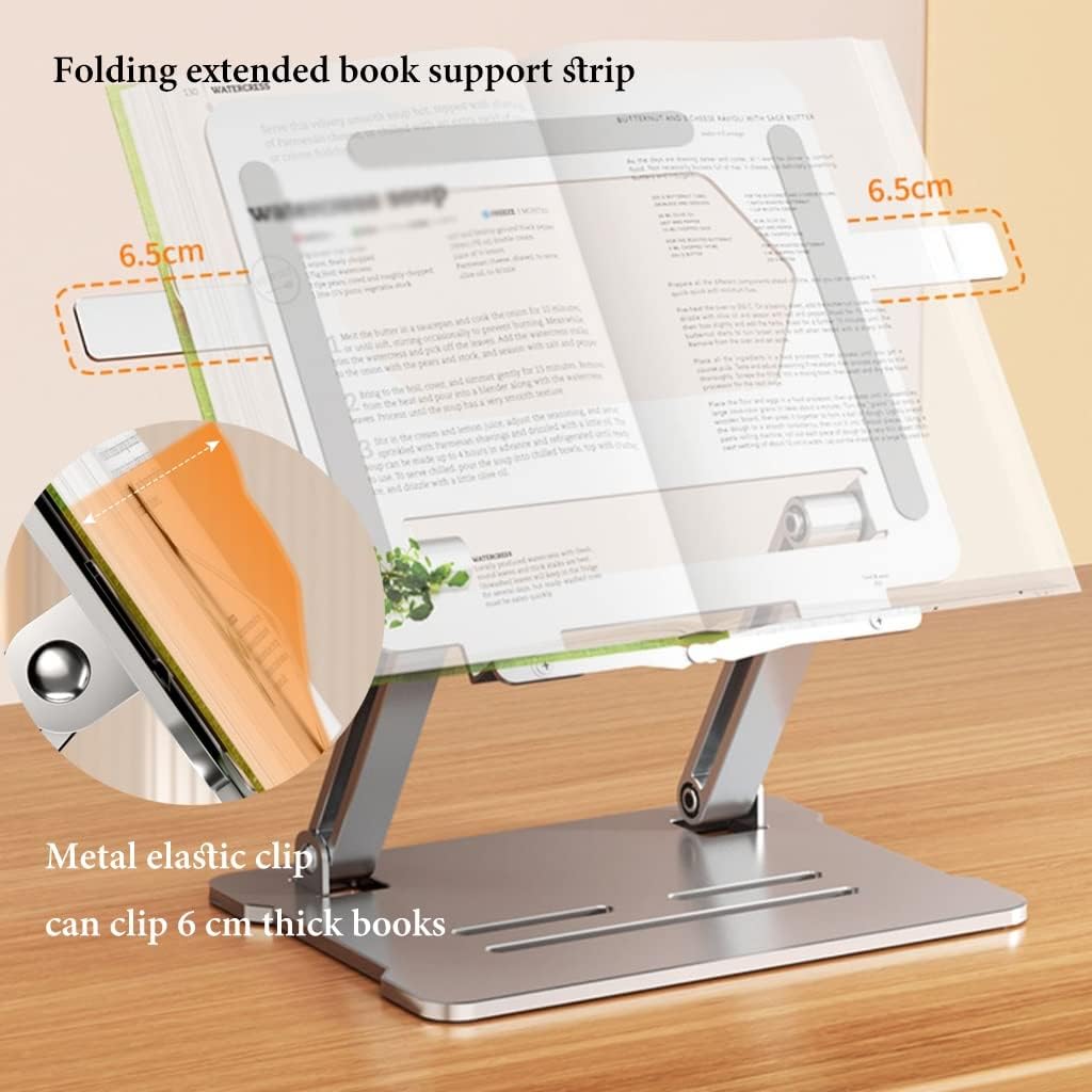 Book Stand for Reading, Cookbook Holder Stand, Foldable Book Holder Stand, Laptop Stand Adjustable Height Angle, Retractable Page Clips, for Tablet Ereader (Color : /Silver) (/Gray) (/Gray )