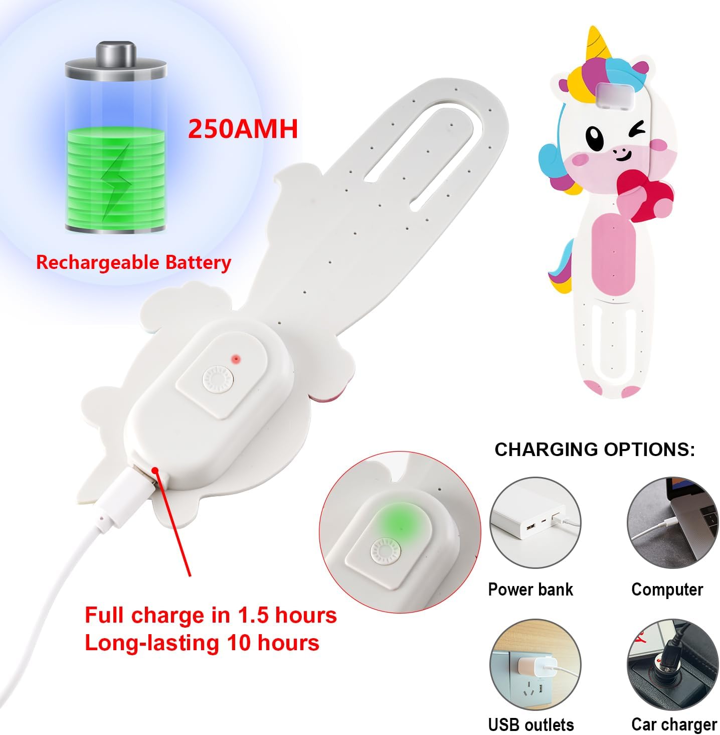 Bookmark Reading Light, Clip-On Book Light Portable, Eye-Caring Book Lights, Rechargeable Cute LED Reading Lamp with 3 Color Light for Kids, Gift for Book Lovers-1 Pack