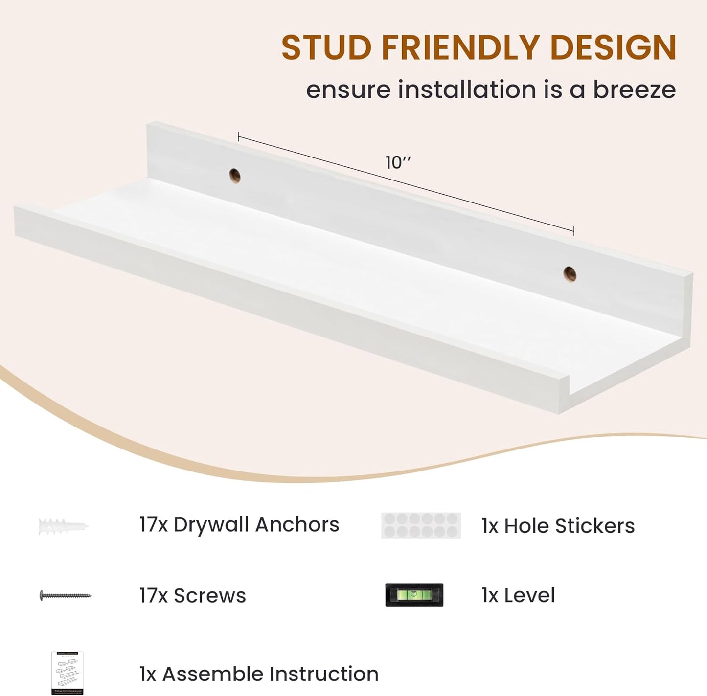 Axeman Picture Ledge Shelf, Floating Shelves for Wall Decor Storage Set of 6, 16 inch Floating Wall Mounted Shelves, Shelves with Lip for Living Room, Bedroom, Nursery, Bathroom, Kitchen, White