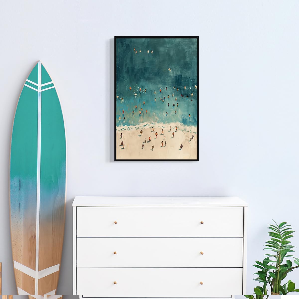 OAOPIC Summer Beach Canvas Wall Art, Green Coastal Tiny People Swimming Aesthetic Poster, Endless Summer Ocean Beachy Fun Print Painting, Ocean Swim Seascape Wall Decor for Bedroom 12x16in Unframed