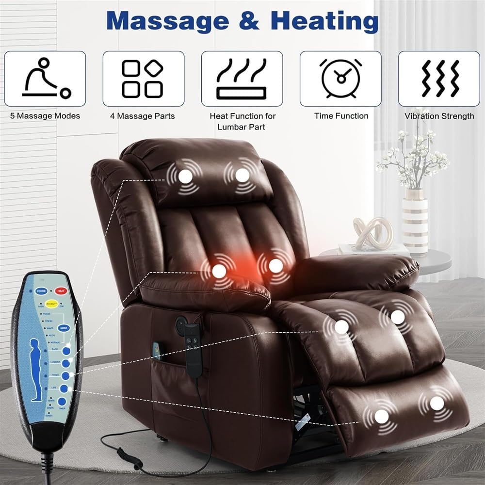 Large Power Lift Recliner Chair with Massage & Heat for Elderly, Heavy Duty Electric Recliner with USB Ports, Remote Control & Motor, Leather Upholstery for Living Room