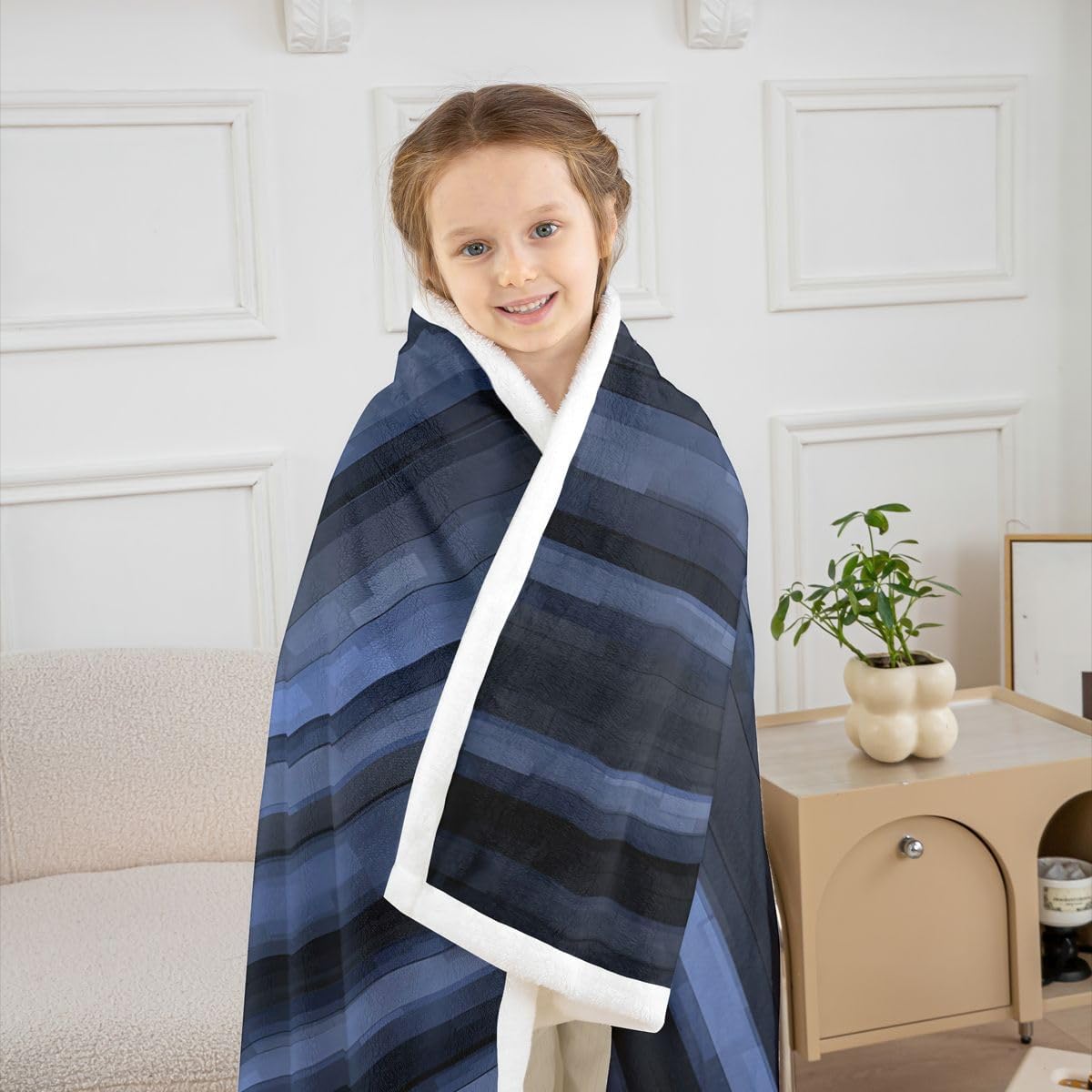 Feelyou Abstract Stripe Sherpa Throw Blanket for Couch Dark Blue Super Soft Cozy Fleece Geometric Blanket for Winter, Plush Throw Luxury Baby 30"x40" Modern Art All Season