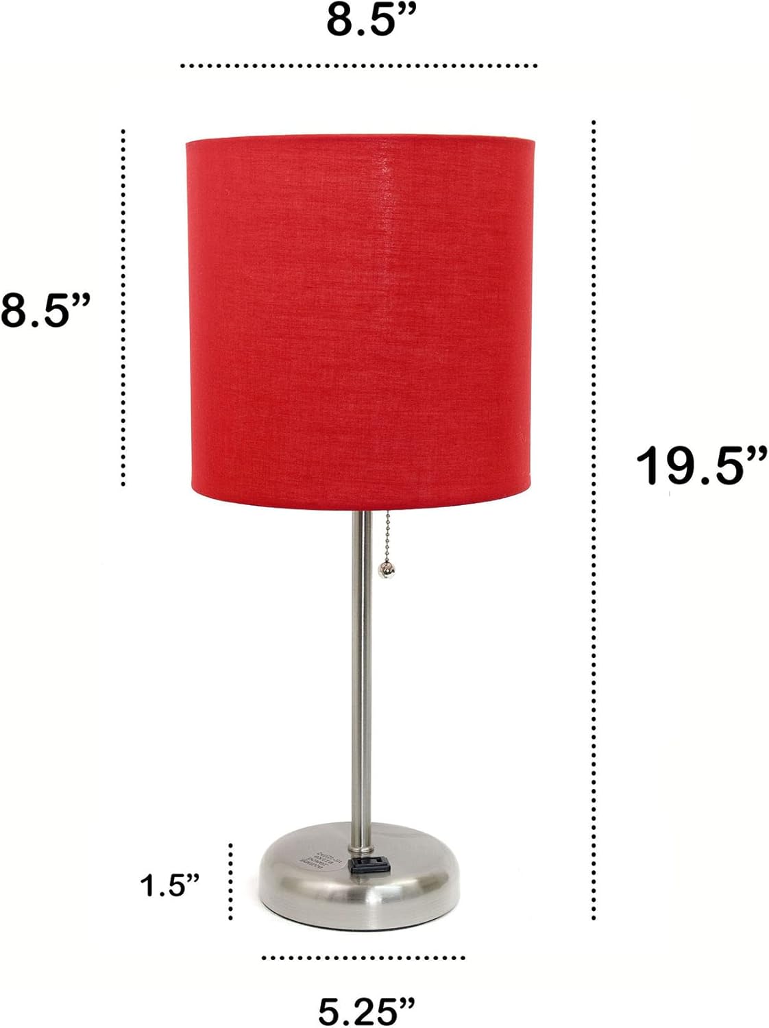 Oslo 19.5" Contemporary Bedside Power Outlet Base Standard Metal Table Desk Lamp in Brushed Steel with Red Drum Fabric Shade
