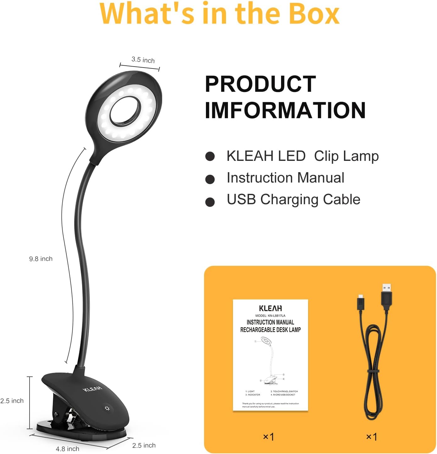 KLEAH Clip on Light for Bed & Desk, Reading in Bed, Dorm, Battery Operated Rechargeable Clamp Lamp for Headboard, Eye-Caring LED Light with 3 Brightness Modes & Flexible Gooseneck (Black)