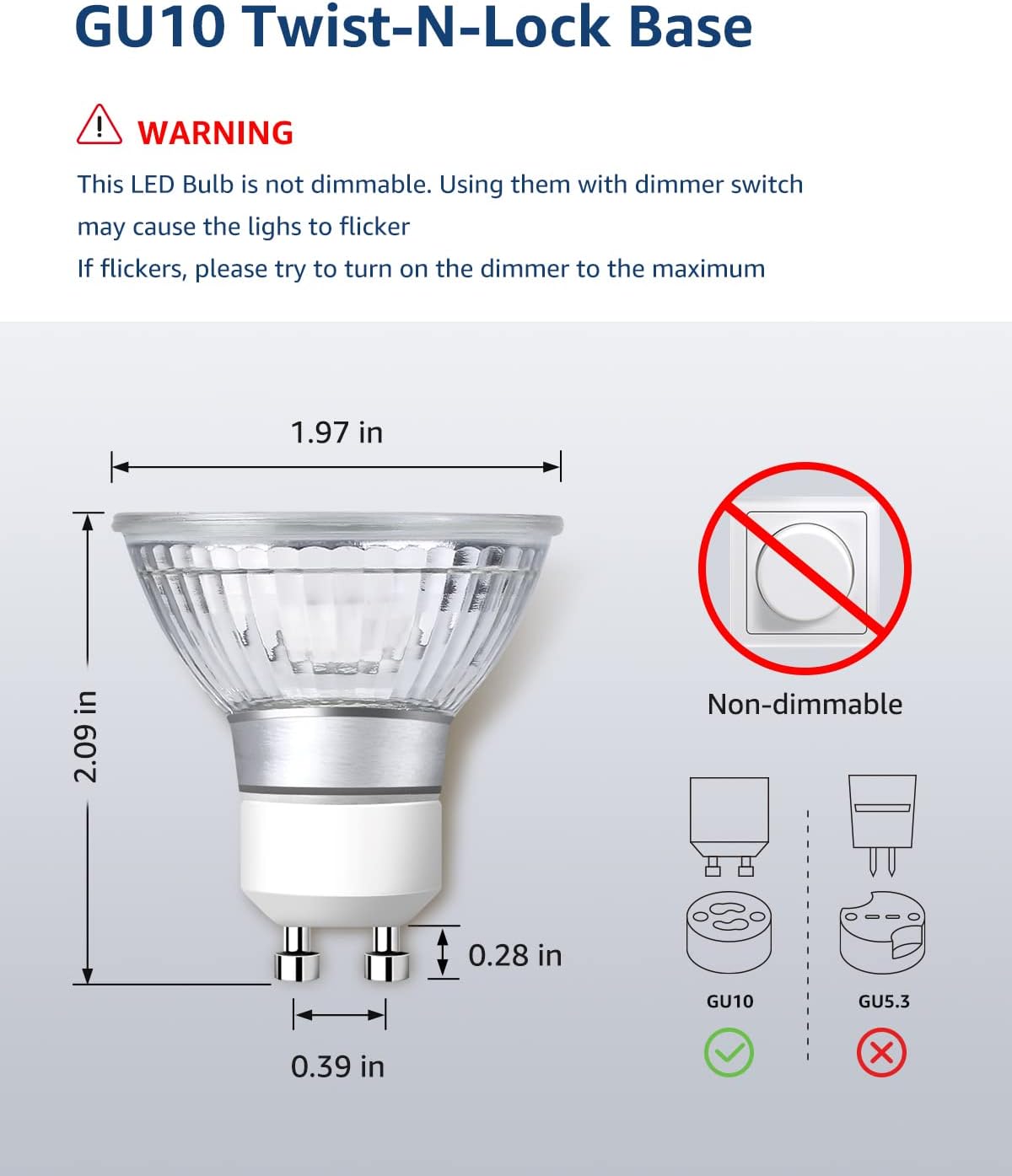 Lepro Non-Dimmable GU10 LED Light Bulbs, 5000K Daylight White GU10 Bulb Replacement for Recessed Track Lighting, 4W LED Bulbs with 100°Flood Beam for Kitchen, Range Hood, Living Room, Bedroom, 6 Pack