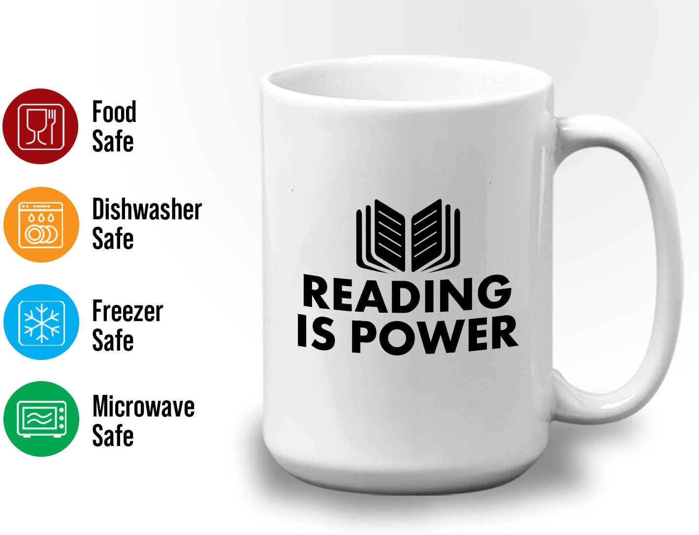 Book Lover Coffee Mug 15oz White - Reading is power - Literary librarian Literature Bookworm Historian Public Library Curator Bibliophile Bibliolater
