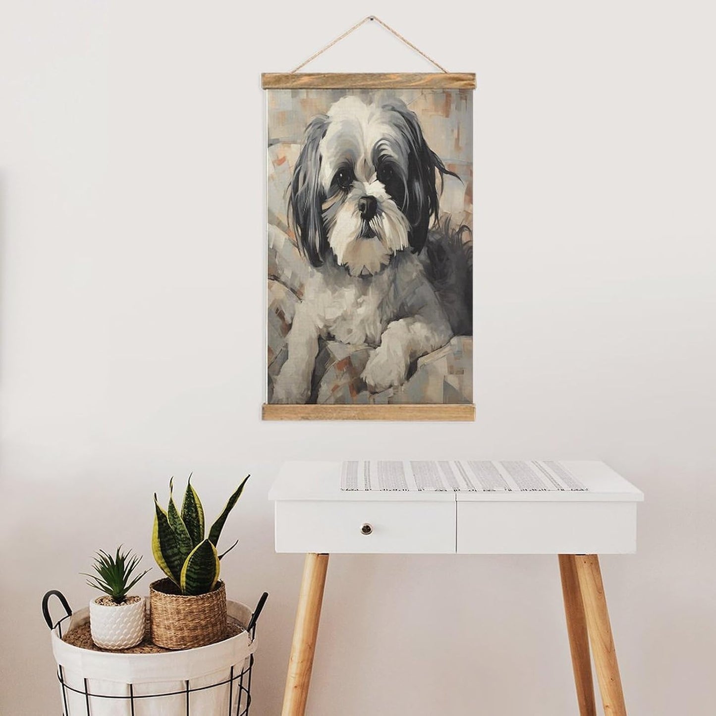 Vintage Shih Tzu Poster with Wooden Frame Personalized Linen Hanging Scroll Painting Rustic Wall Hanging Illustrative Modern Artwork Decor for Home Living Room Bedroom Office