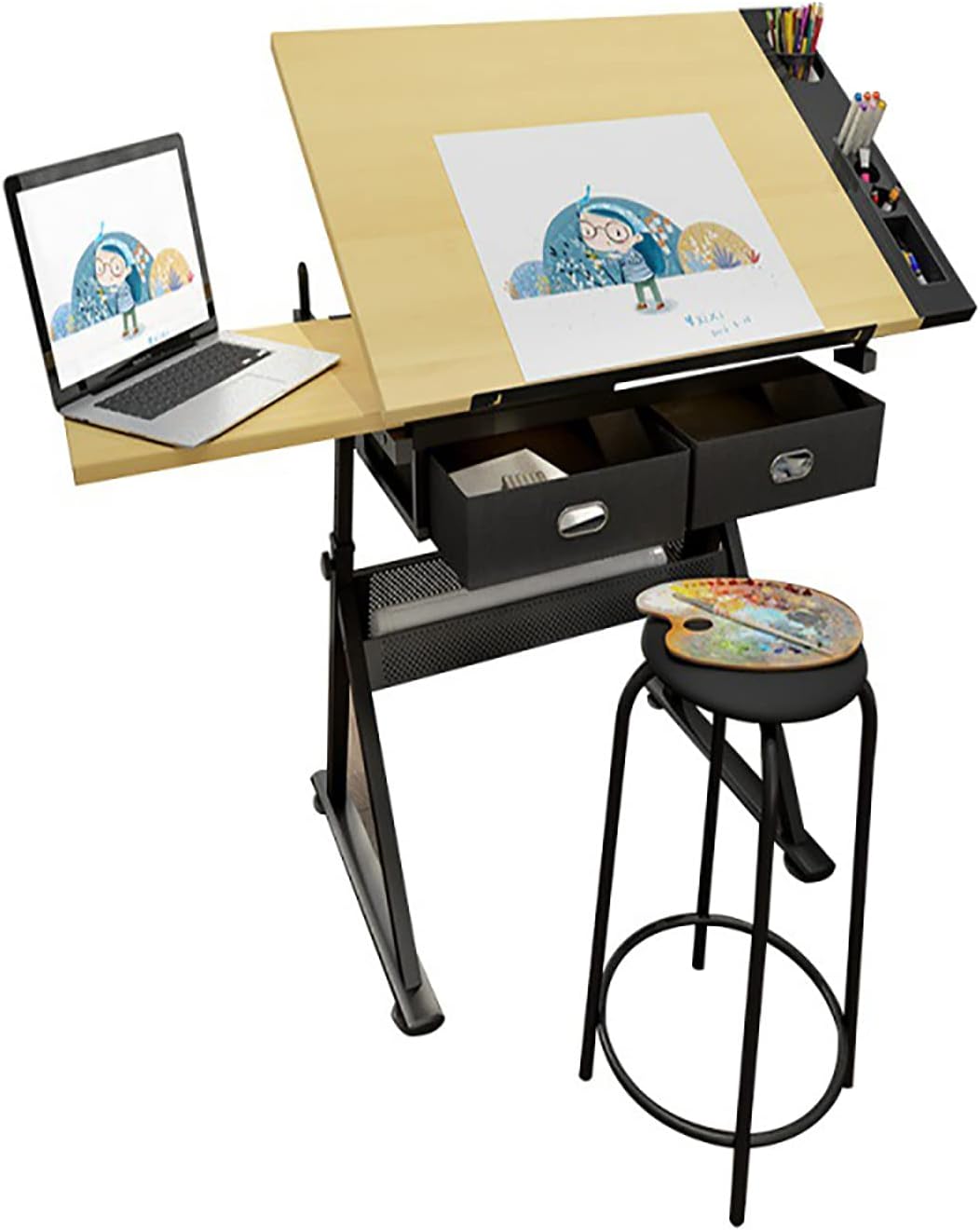 Drawing Tilting Tablet,Drafting Desk, Extra Large Wood Drafting Table, Artist Drawing Table with Height Adjustable and Tilting Large Surface Tabletop, Two Drawer for Readin