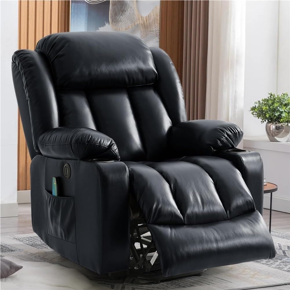 Power Lift Recliner Chair with Heat Massage USB Ports Cup Holders Electric Adjustable Recliner for Adults Remote Control Leather Upholstered Sofa Chair Ink Black