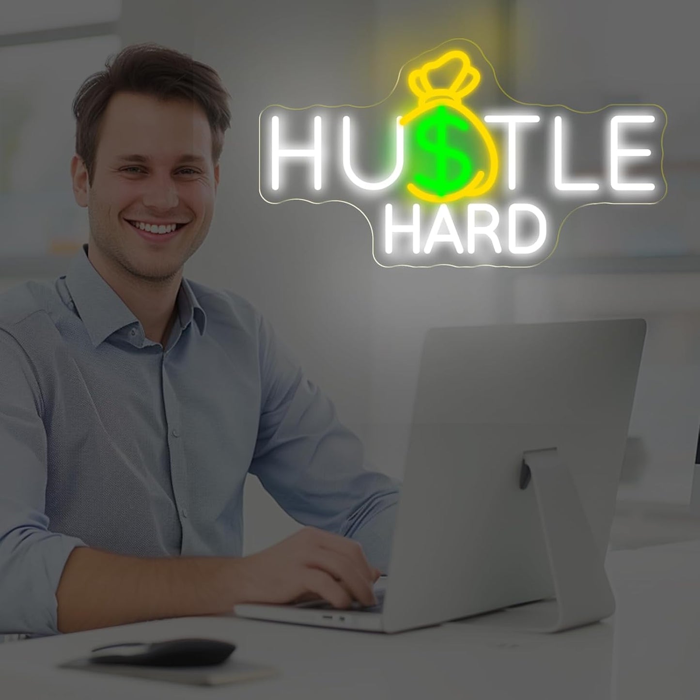 Hustle Hard Neon Sign, Hustle Hard Money Dollar LED Light, Motivational Modern Space Neon Light, Inspirational Quote Decor for Bedroom Party Man Cave Bar Decoration, Restaurant Bar Hotel Shop-16.7"
