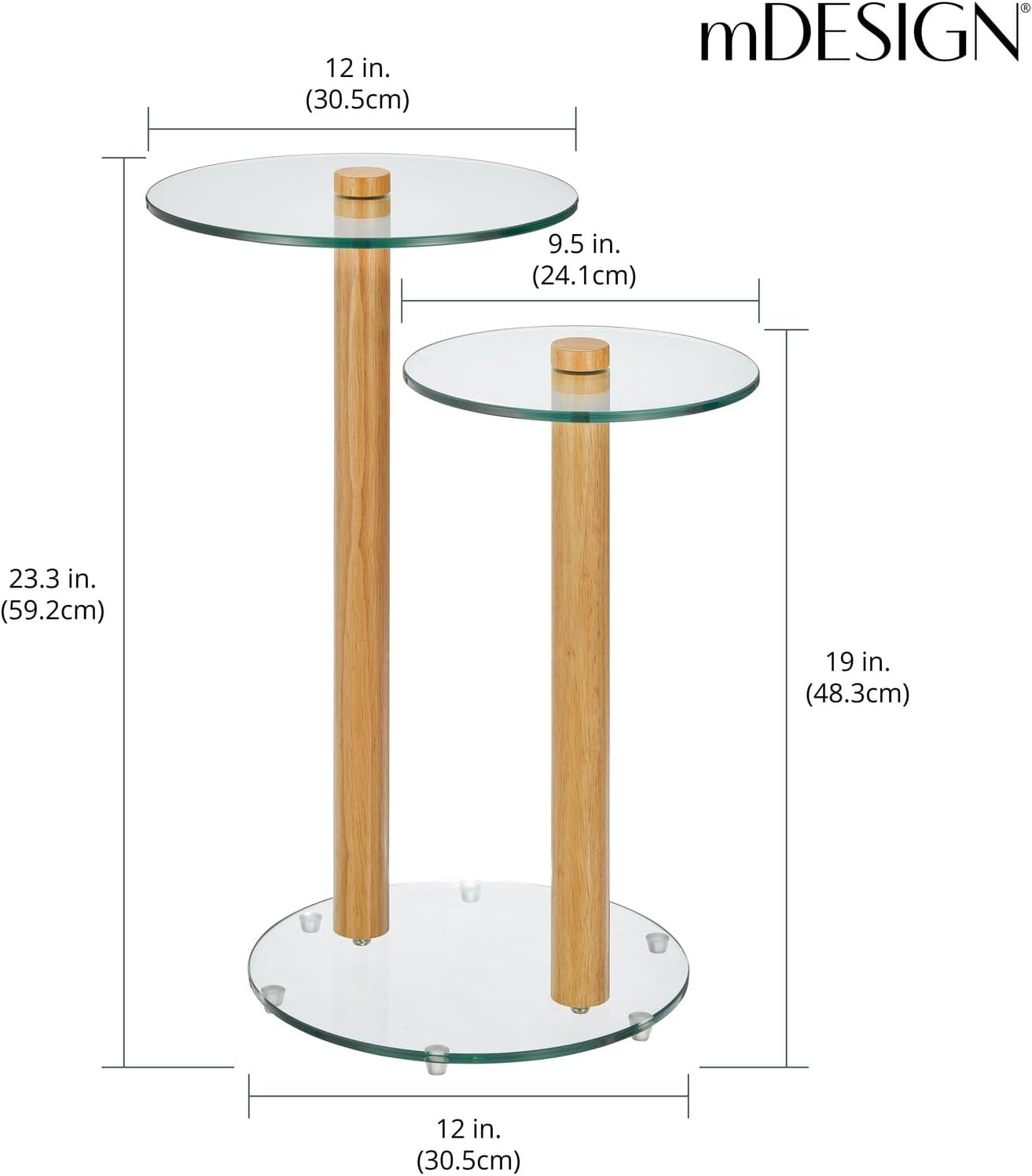 mDesign Glass Top Side/End Duo Drink Table - 2-Tier Modern Round Accent Wood Nightstand Furniture for Living Room, Dorm, Home Office, and Bedroom - 12" Round - Clear/Natural