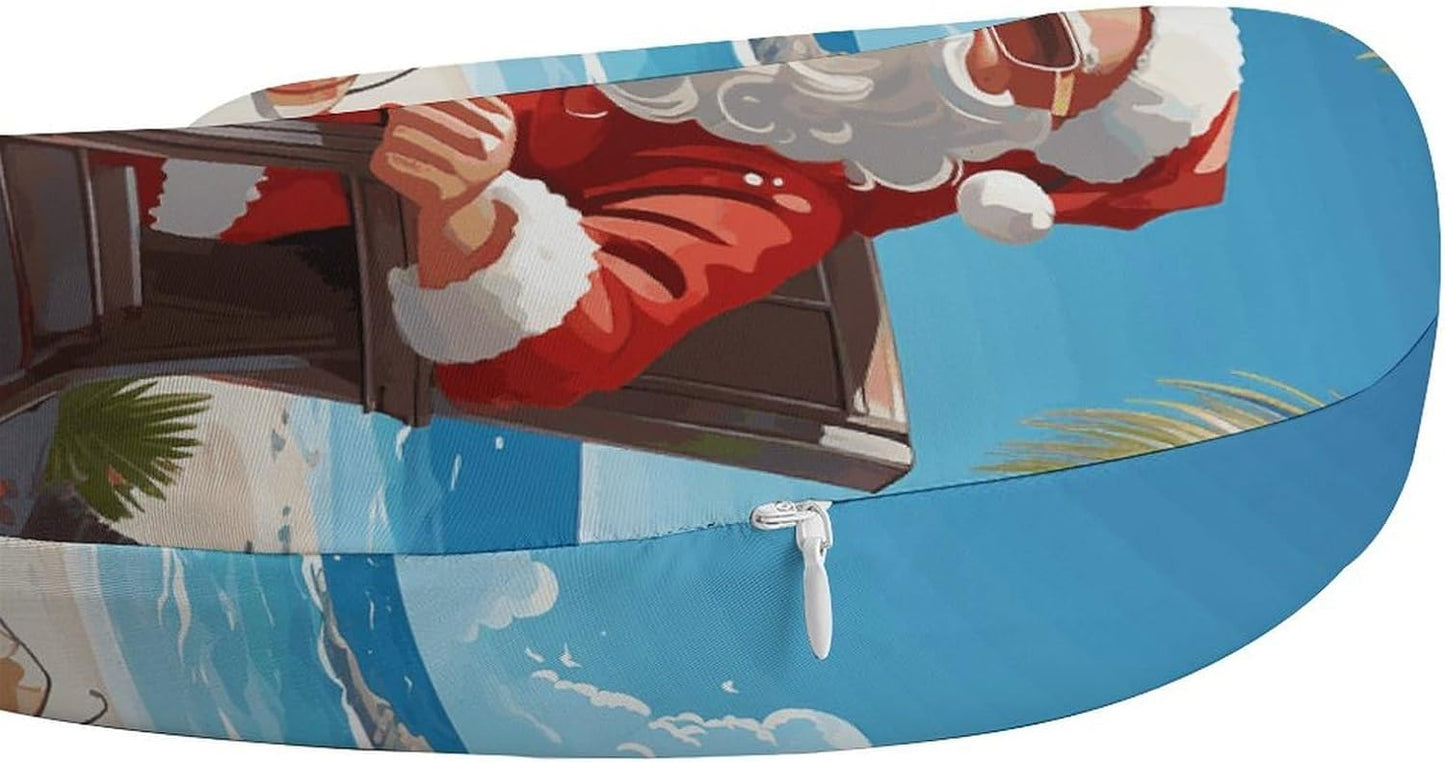 Santa Claus at Beach Neck Pillow Memory Foam U Shaped Pillows Portable Pillows for Shoulder Travel Head Support Pillow with Concealed Zipper for Airplane Car Home Office