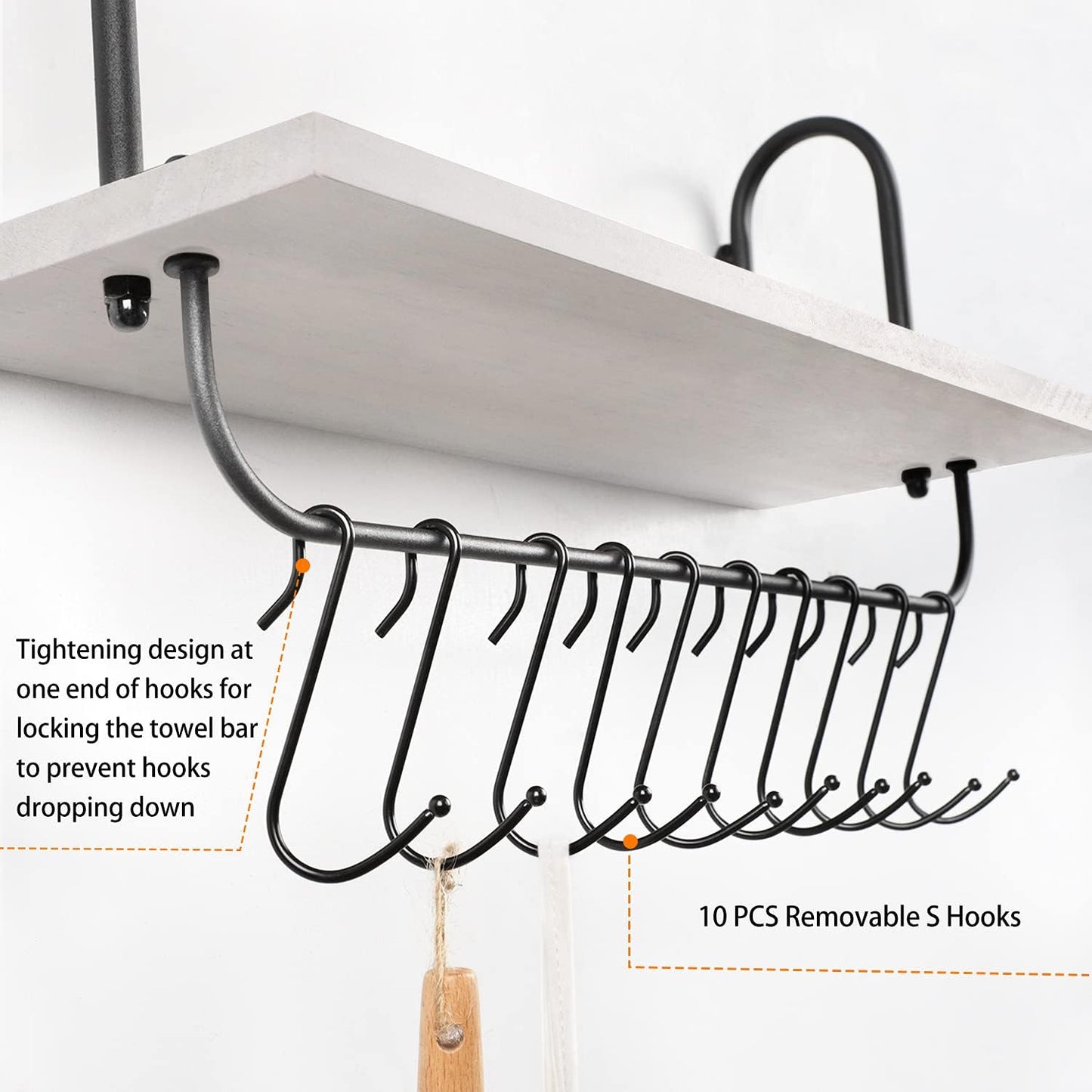 Olakee Floating Wall Shelves for Kitchen Bathroom Coffee Nook with 10 Adjustable Hooks for Mugs Cooking Utensils or Towel Rustic Storage Shelves Set of 2/17x5.9 inch (White)