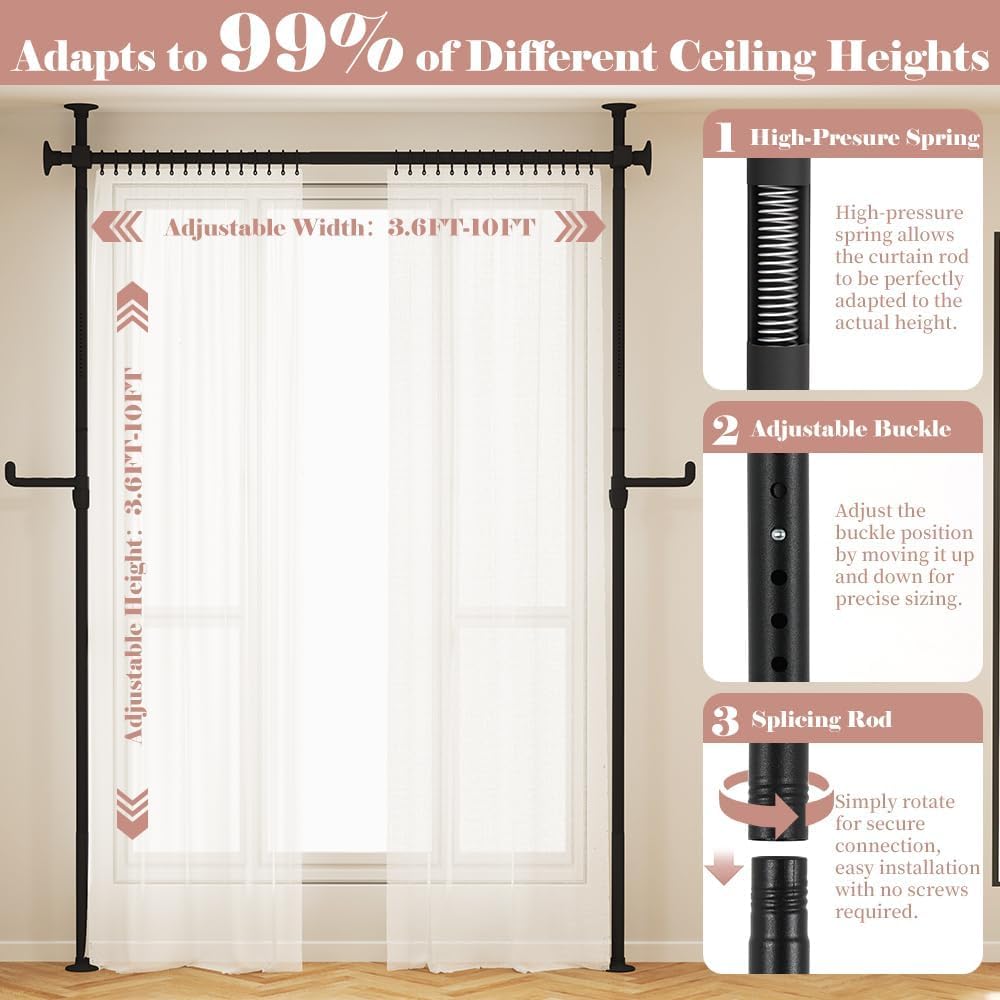 Kokorona Room Divider Curtain Rod, No Drilling Tension Curtain Rod 4-10ft (H) 4-10ft (W), Partition Room Dividers for Room Separation, Adjustable Floor to Ceiling Room Divider Temporary Wall Divider