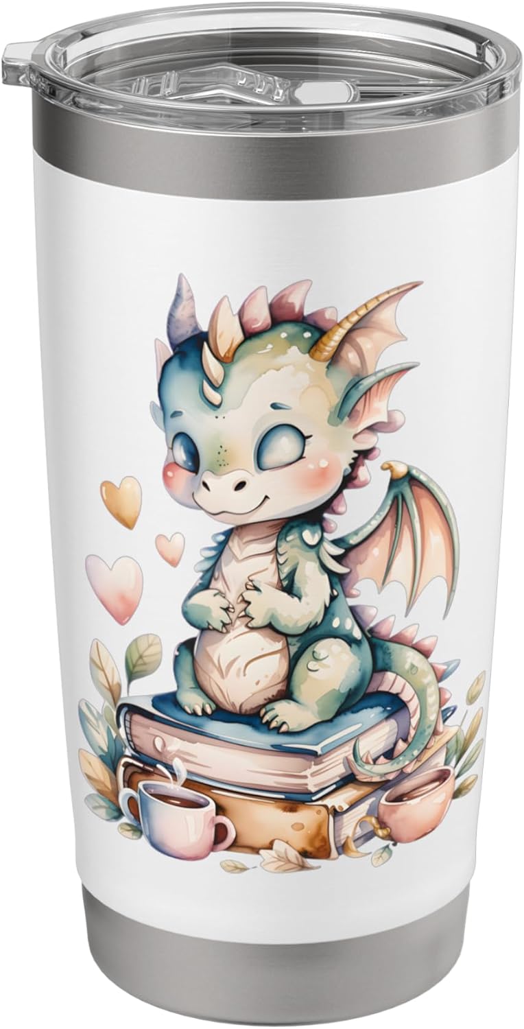 Cozy Green Baby Dragon Book Lover Pastel Fantasy Design Stainless Steel Insulated Tumbler