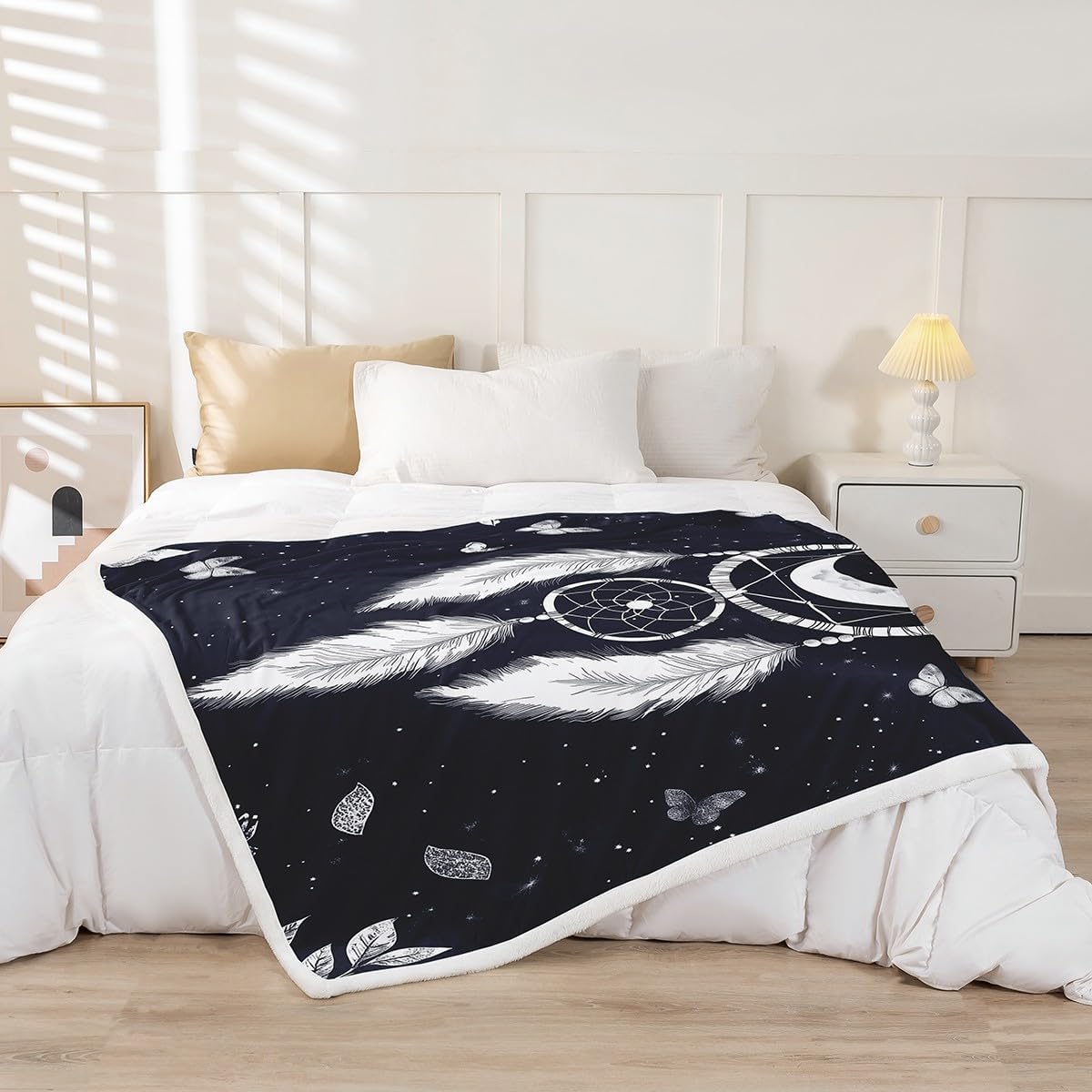 Feelyou Dreamcatcher Sherpa Blanket Queen 90"x90" Fleece Throw Blanket Plush Blanket Fuzzy Blanket Dark Black