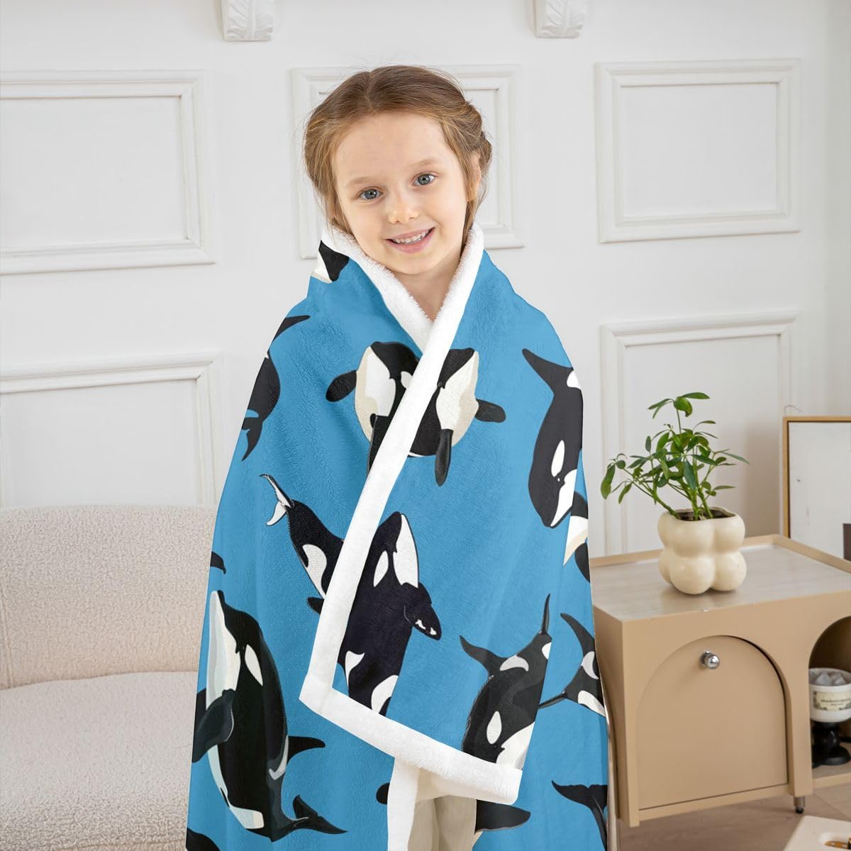 Feelyou Orca Sherpa Throw Blanket for Couch Ocean Whale Super Soft Cozy Fleece Sealife Blanket for Winter, Plush Throw Ocean Marine Baby 30"x40" Marine Life Sea All Season