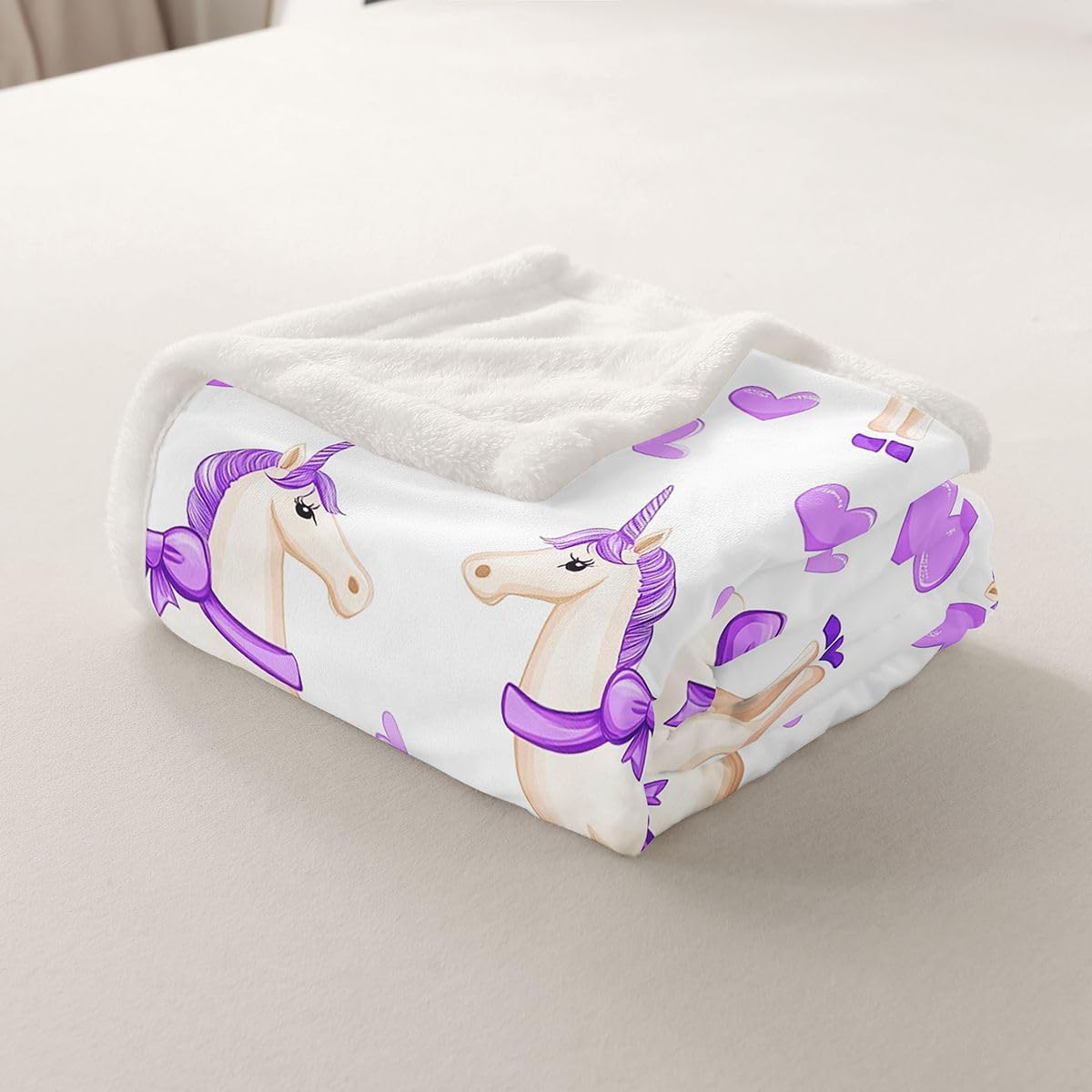 Purple Bow Unicorn Throw Blankets,Coquette Bowknot Fleece Blanket,Kids Girls Boys Adult Love Heart Pattern Fuzzy Blankets Cartoon Dreamy Sherpa Blanket Chair Sofa Bed Decor,30"×40"