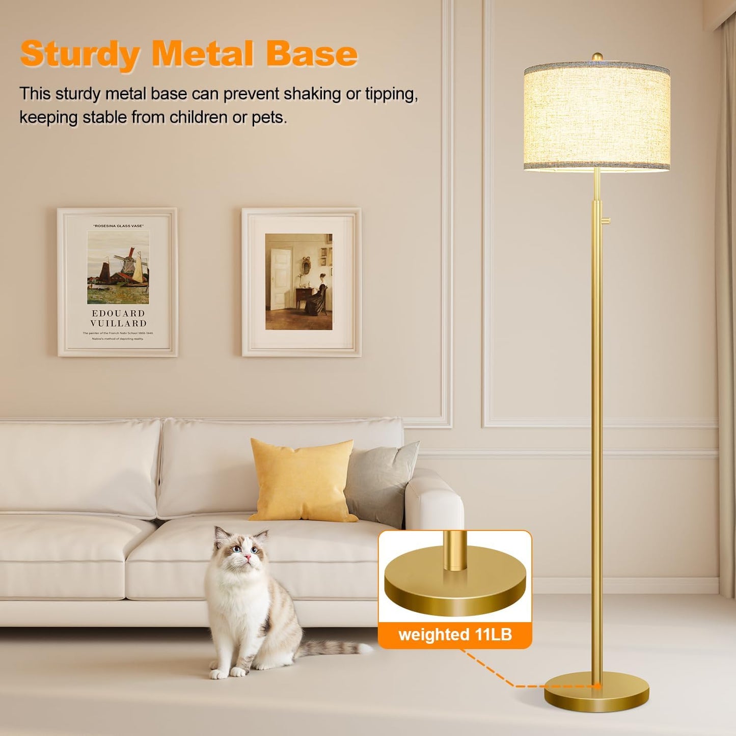 Nintiue 【Upgraded】 Dimmable Floor Lamp for Living Room, 11W LED Bulb Included, Modern Standing Lamp, Tall Pole Light with Linen Shade for Bedroom Reading Office Corner Nursery-Gold