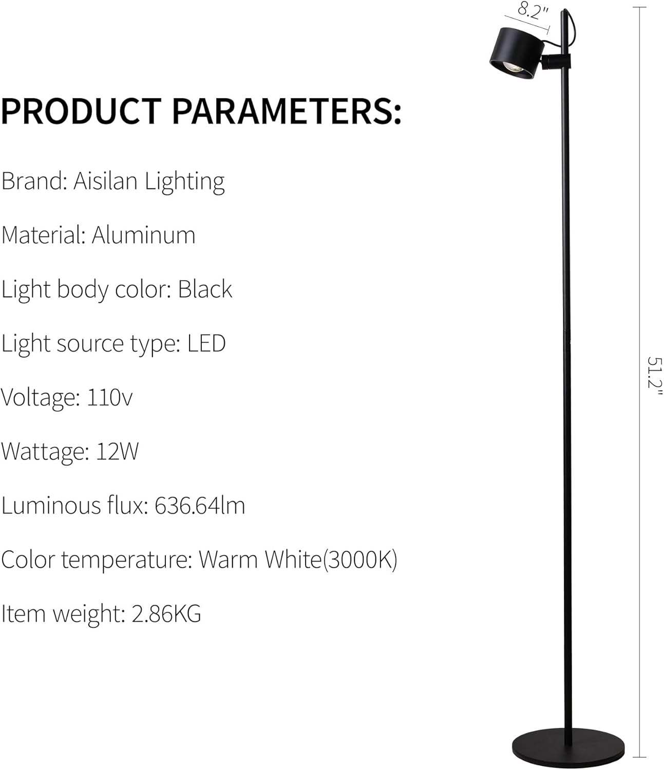 Aisilan LED Floor Lamp, 12W Dimmable Modern Floor Lamps, Adjustable Lamp Head Standing Reading Light for Living Room Bedroom Study Room Indoor,Black, 3000K, CRI 97