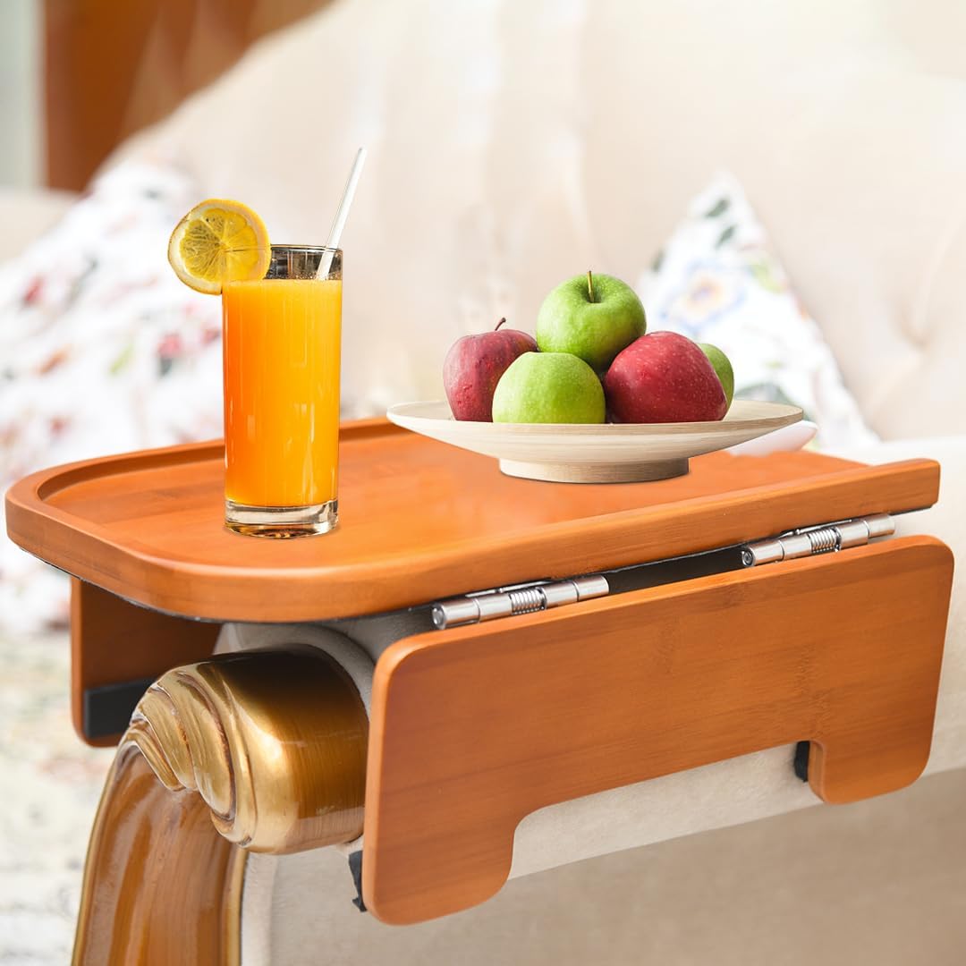Premium Bamboo Sofa Arm Tray Table -Wooden Couch Arm Tray & Clip-on Sofa Tv tray -Non-Slip Couch Armrest table Caddy For Drinks, Snacks & Dinners -Foldable & Flexible for different Sofa Armrest Shapes