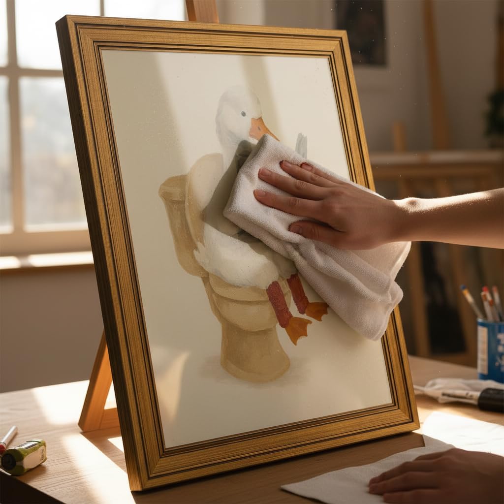 Vintage Gold Framed Duck Bathroom Wall Art Funny Duck Reading on Toilet Painting Picture Wall Decor Kids Bathroom Poster Beige Cute Animal Poster Print Artwork for Bathroom Home Decoration