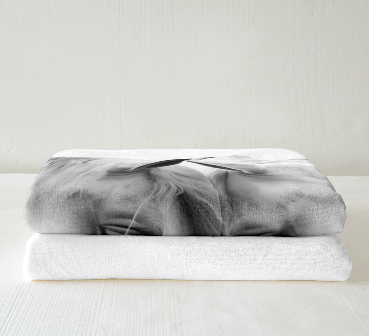 Two Horses Print Sherpa Fleece Blanket White Horses Racing Steed Throw Blanket Intimate Animals Fuzzy Soft Blanket Bed Couch,Queen Size (90 x 90 Inches)