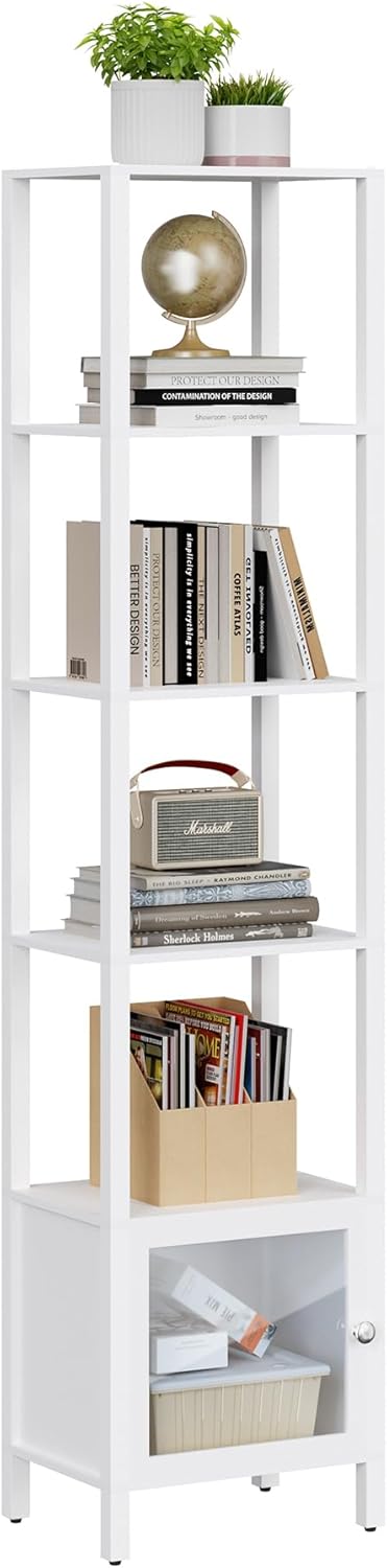 TUTOTAK 6 Tier Bookcase and Bookshelf, Narrow Book Shelf with Door for Small Space, for Living Room, Office, Study, Entryway, White BS03BW006
