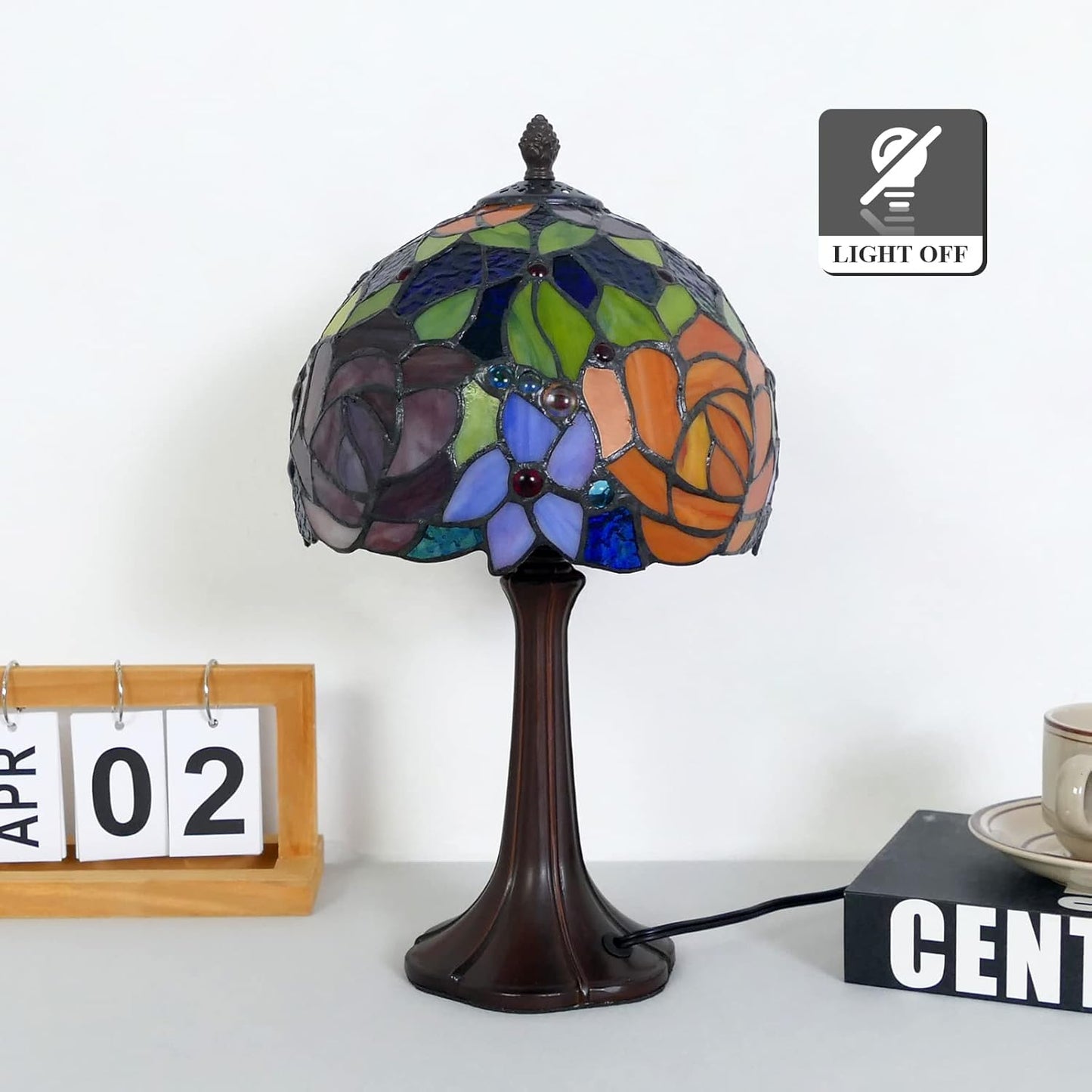 Tiffany Table Lamp Romantic Double-Color Roses Handmade Stained Glass Desk Lamps 8" Wide 15" Tall Vintage Reading Lamp for Office, Living Room, Bedroom, LED Bulb Included