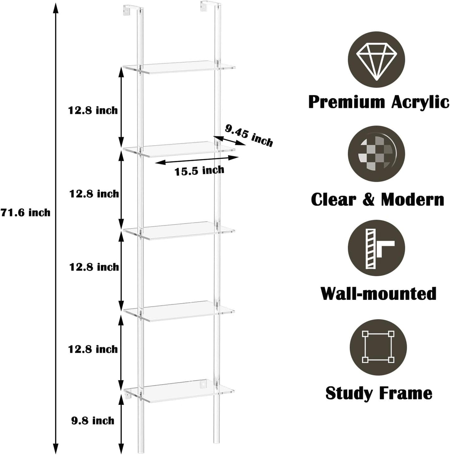 DuvinDD 5-Tier Acrylic Bookshelf Clear Open Bookcase, 15.5" Wide x 71.6" Tall Narrow Skinny Bookshelf, Wall Leaning Storage Shelf Display Shelves with LED Light String, Modern