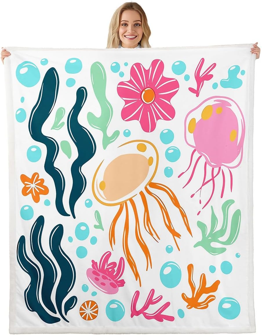 Feelyou Ocean Sherpa Throw Blanket for Couch Cute Super Soft Cozy Fleece Marine Life Sea Blanket for Winter, Plush Throw Sea Underwater World Throw 50"x60" Cartoon All Season