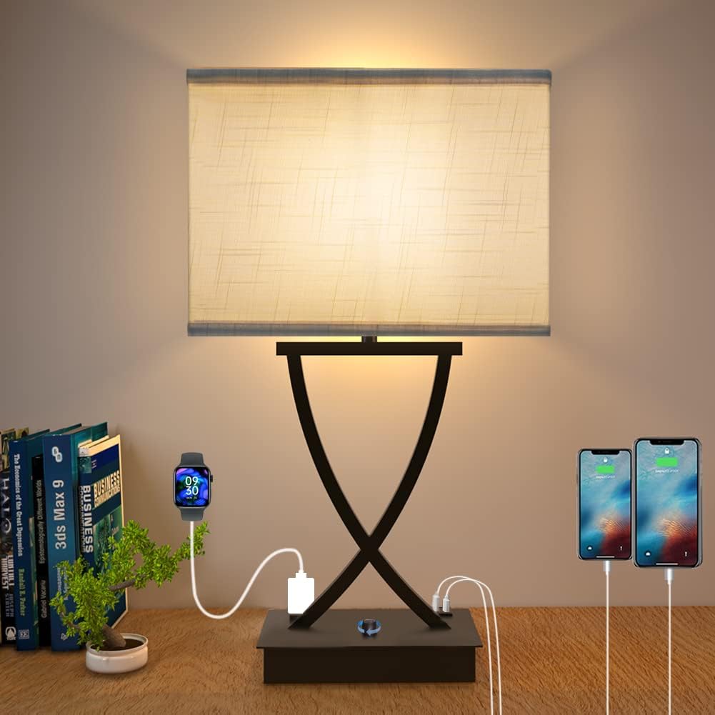 Fully Dimmable Medium Table Lamp for Bedroom with Type C/USB Charging Port and 1 AC Outlet White Shade 21.38" Bedside Nightstand Lamp for Living Room Office and Hotel Bulb Included
