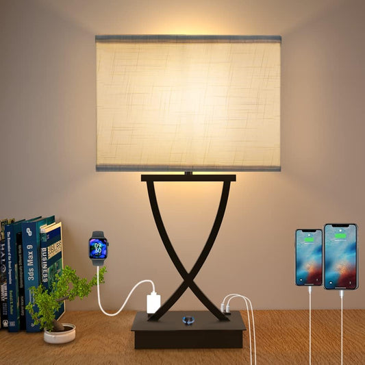 Fully Dimmable Medium Table Lamp for Bedroom with Type C/USB Charging Port and 1 AC Outlet White Shade 21.38" Bedside Nightstand Lamp for Living Room Office and Hotel Bulb Included