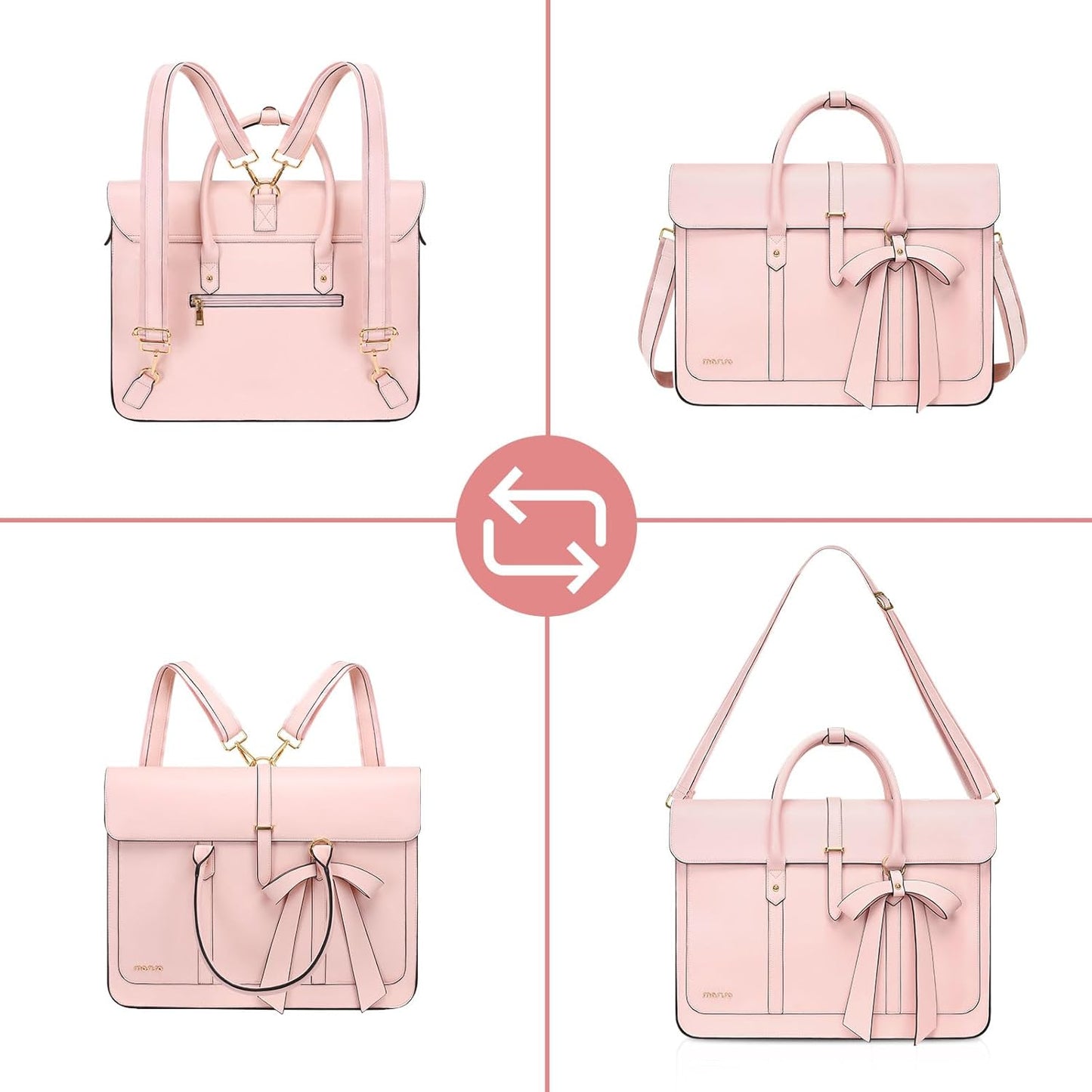 MOSISO Laptop Bag for Women, 15-15.6 inch PU Leather Laptop Shoulder Bags Convertible Backpack, 16 inch Messenger Bags Casual Handbag Work Briefcase Travel Computer Bag with Bowknot, Pink