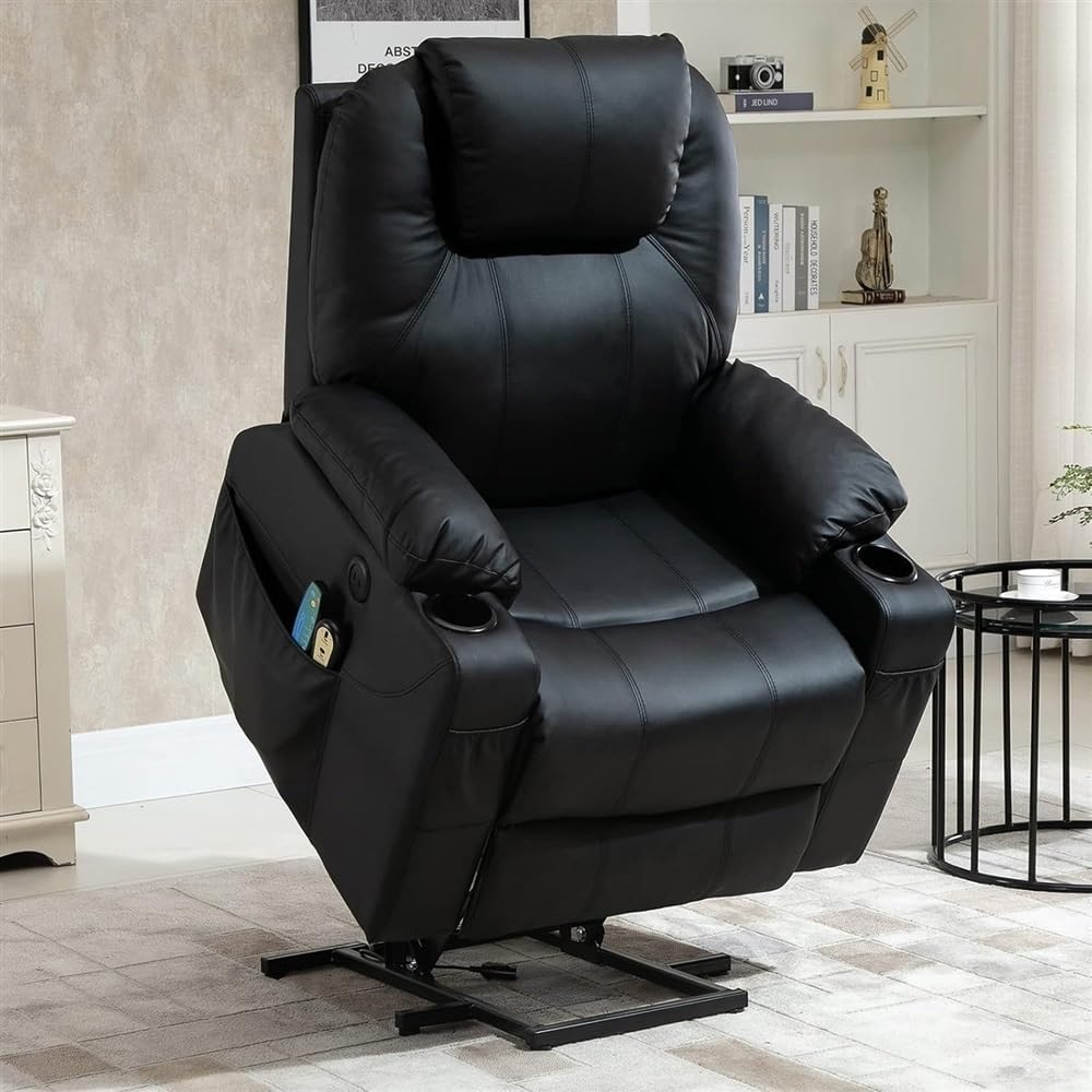 Power Lift Recliner Chair for Elderly, PU Leather Electric Massage Chair with Heat, Ergonomic Lift Chair with 2 Cup Holders & Side Pockets, Motorized Home Theater Seating