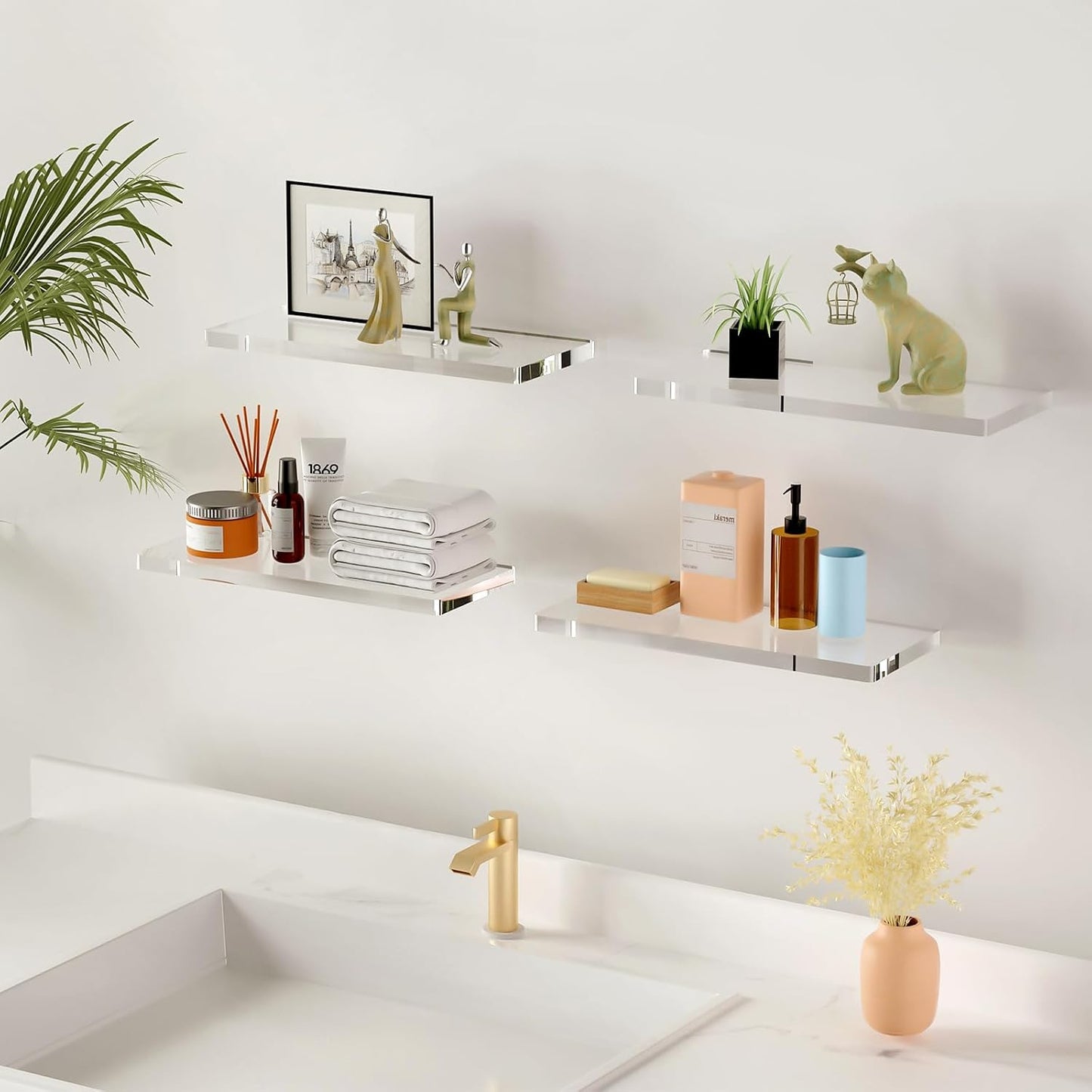 4 Tier Acrylic Floating Shelves for Wall 15.5 Inch Clear Invisible Storage Set Wall Mounted Organizer for Bathroom Kitchen Living Room Bedroom Holds 15lbs