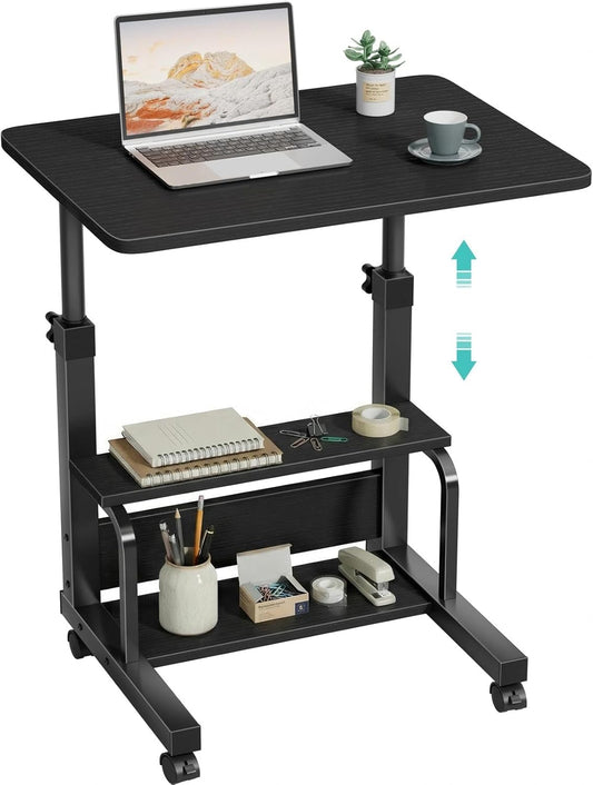 Small Rolling Desk for Small Spaces - 24" Portable Standing Desk with Wheels, Height Adjustable C Shaped Side Table Mobile Laptop Desks with 2-Tier Storage Shelves for Bed Sofa, Black