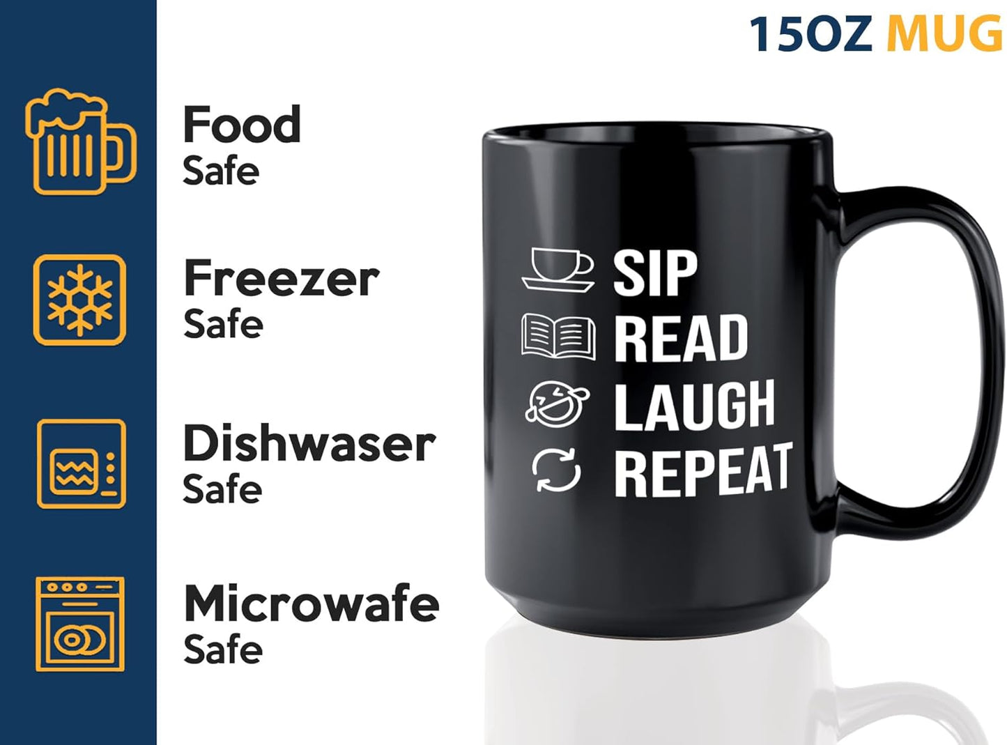 Book Lover Coffee Mug 15oz Black -SIP Read Laugh - Bookworm Literature Library Book Lover Reader Booked Editor Intellectual Studious