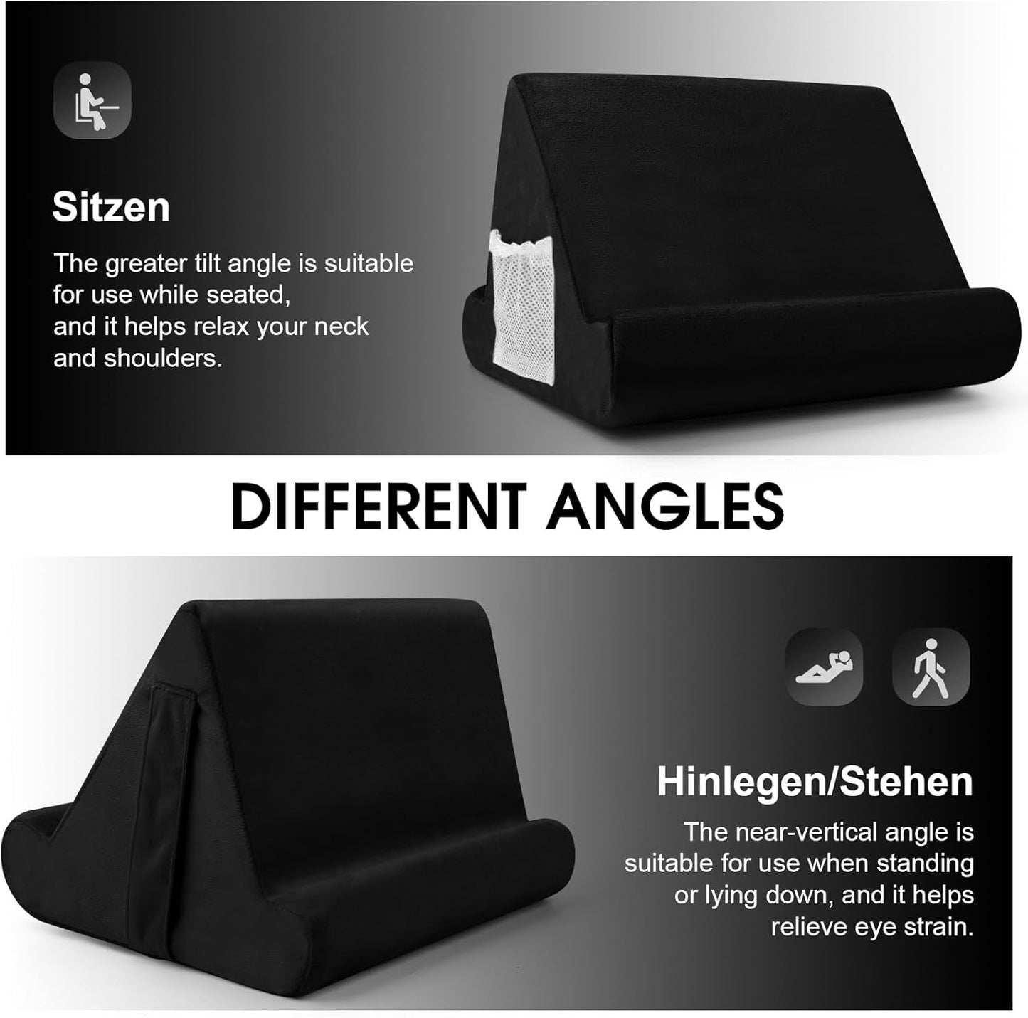 Universal Tablet Cushion Stand - Multi-Angle Lazy Holder with Net Pocket & Phone Stands Options for Lap, Knee, Sofa, Bed (Black)