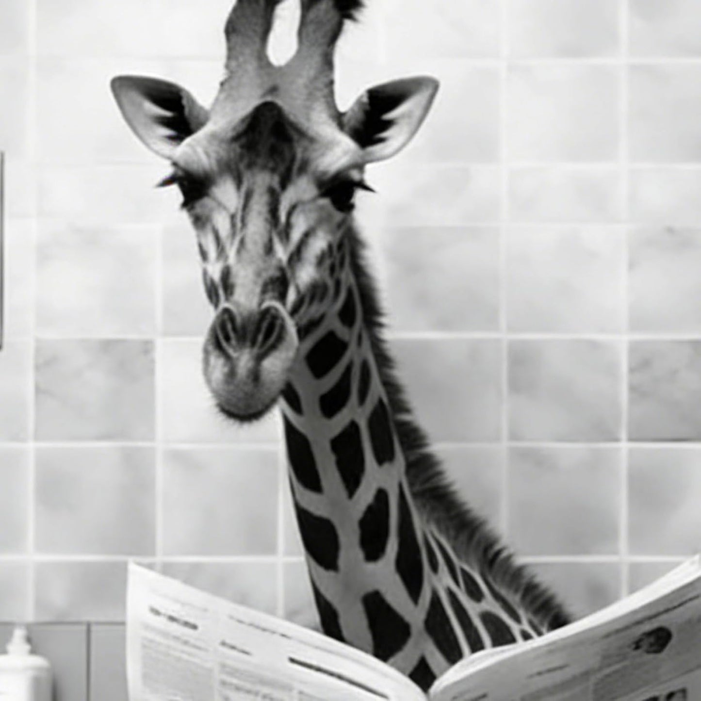 Giraffe Decor - Funny Bathroom Art | Black and White Funny Canvas Wall Art with Giraffe Reading Newspaper On Toilet Poster for Restroom Decor, Home Bathroom, Washroom, Hotel and Apartment Wall Decorat