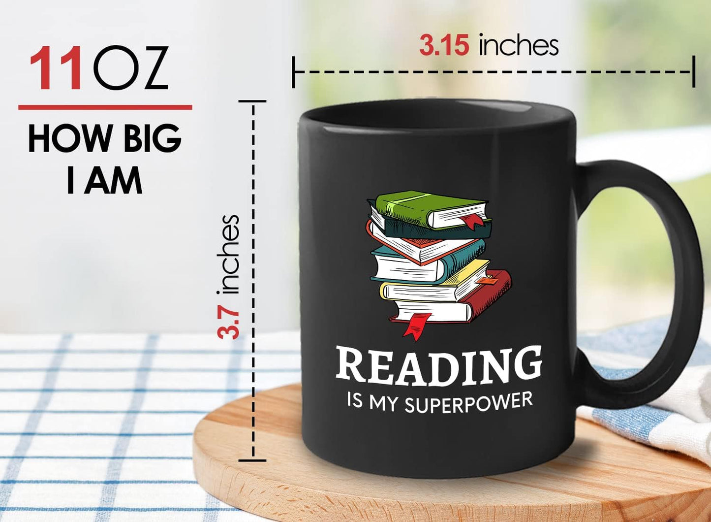 Bubble Hugs Book Lover Coffee Mug 11oz Black - Reading Is My Superpower B - Reading Owl Reader Stack of Books Book Lover Bookish Novelist Librarian Writer