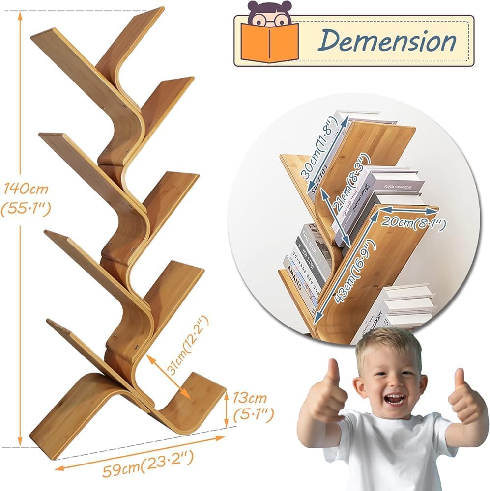 Modern 8-Tier Bamboo Bookshelf, Curved Wood Bookcase Organizer for Living Room & Bedroom, Space-Saving Book Storage Rack, Stylish Decorative Shelves, 5-Layer Design