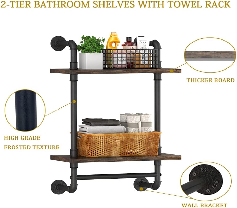 Helsin Industrial Pipe Floating Bathroom Shelves Wall Mounted with Towel bar, 2 Tier Rustic Wood Wall Shelf, 16inch Metal Towel Rack Storage Bookshelf for Bathroom, Kitchen, Farmhouse, Living Room | with Towel bar, Wall Shelf, Towel Rack, Storage Bookshel